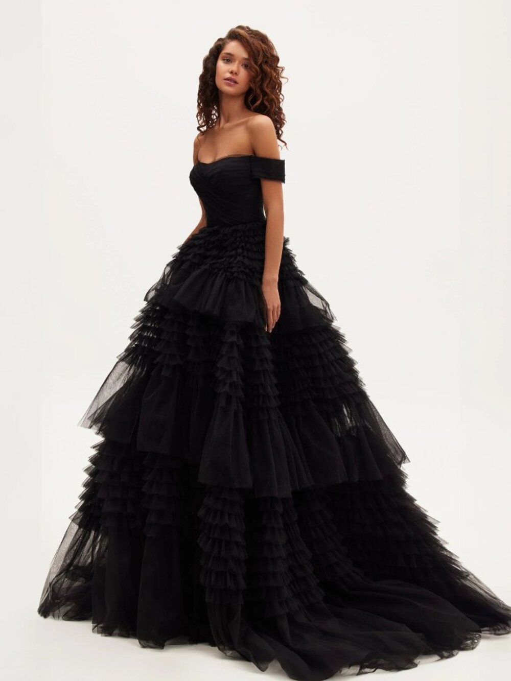 MILLA Black Off-The-Shoulder Frill-Layered Gown